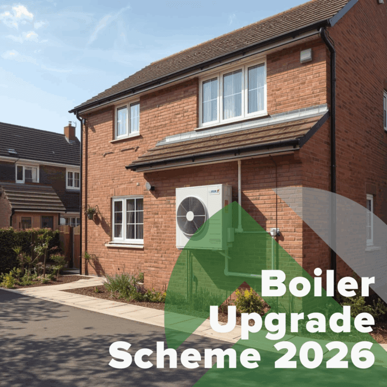 Boiler Upgrade Scheme 2026 heat pump installation outside a UK home